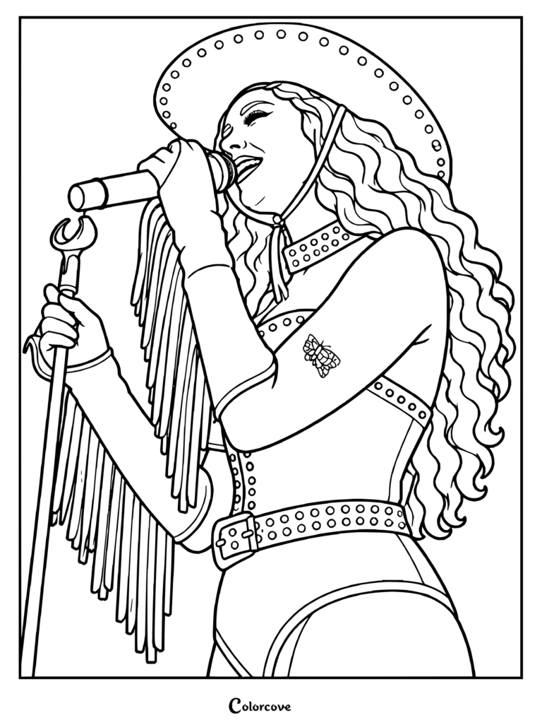 Dibujo para colorear de Chappell Roan de la cantante actuando en Springfield con sombrero de vaquero y micrófono.