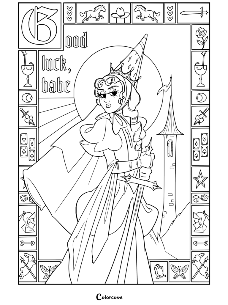 Dibujo para colorear fan art de Chappell Roan como princesa del tour visions of damsels & other dangerous things.