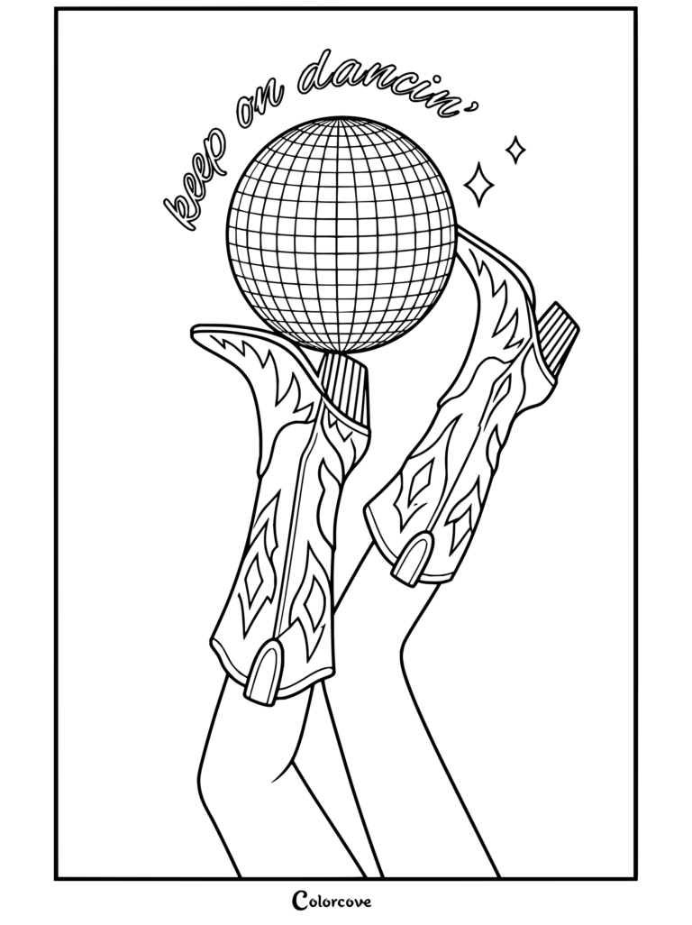 Dibujo para colorear de Chappell Roan con una brillante bola de discoteca y botas vaqueras del oeste junto a la tipografía «Keep on Dancin».