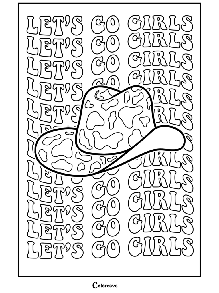 Dibujo para colorear de Chappell Roan que presenta un sombrero de vaquero con estampado de vaca rodeado del texto repetido «Let's Go Girls».