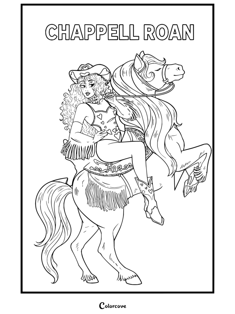 Dibujo para colorear de Chappell Roan que muestra a la cantante con un atuendo de vaquera montando un caballo encabritado.