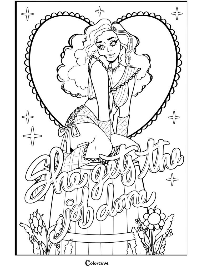 Dibujo para colorear imprimible de Chappell Roan con la cantante sentada sobre un barril enmarcado por un corazón y estrellas, con el texto «She gets the job done».