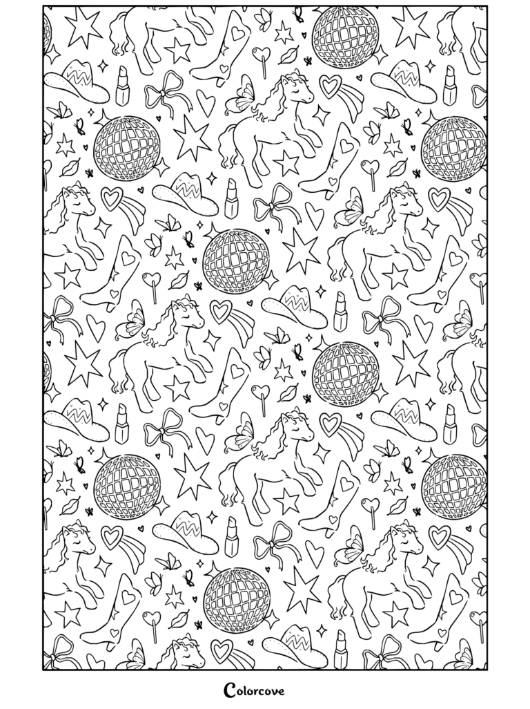 Dibujo para colorear imprimible de Chappell Roan con un patrón de Pink Pony Club con botas de vaquero, bolas de discoteca y caballos mágicos.