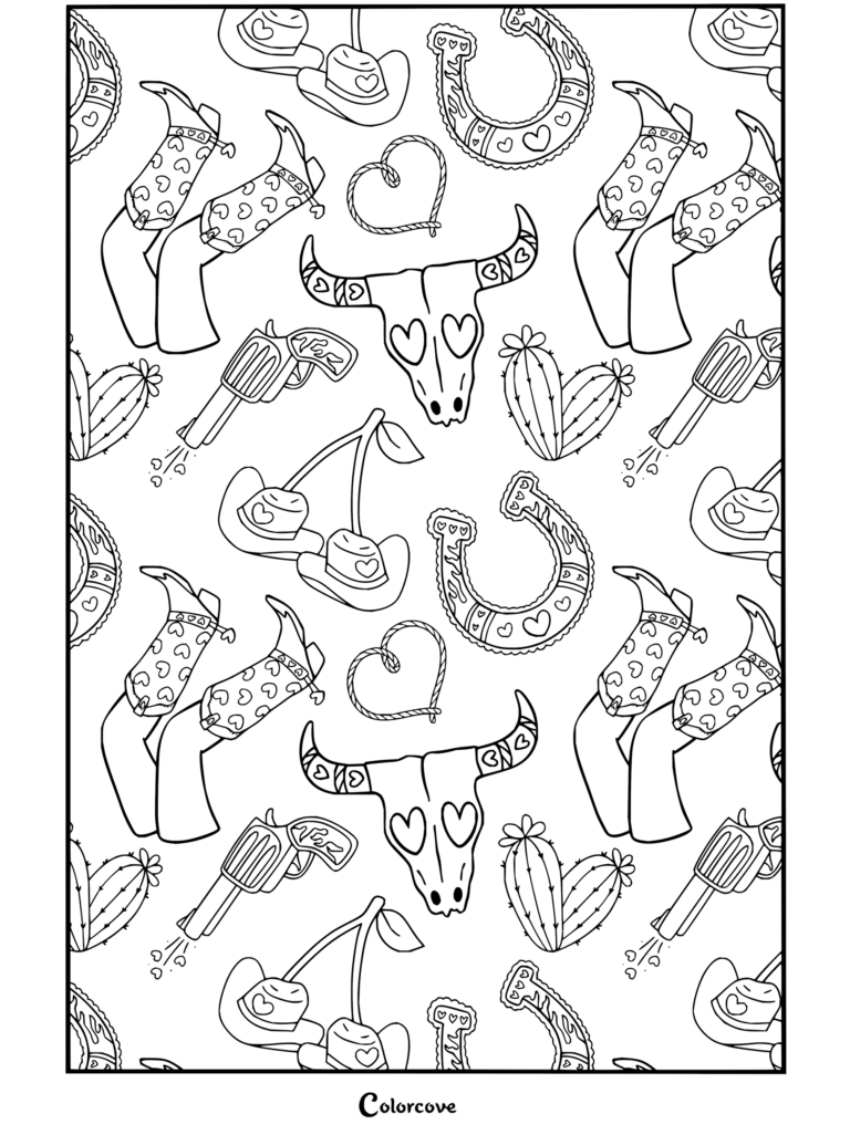 Dibujo para colorear temático de Chappell Roan con botas de vaquera, sombreros vaqueros, herraduras y calaveras de toro.