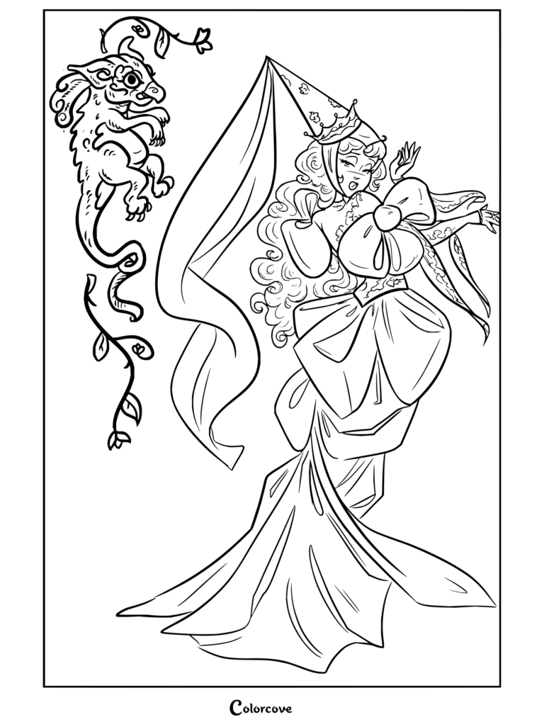 Dibujo para colorear gratuito de Chappell Roan como una princesa medieval con corona y un elaborado vestido, acompañada por un pequeño dragón.