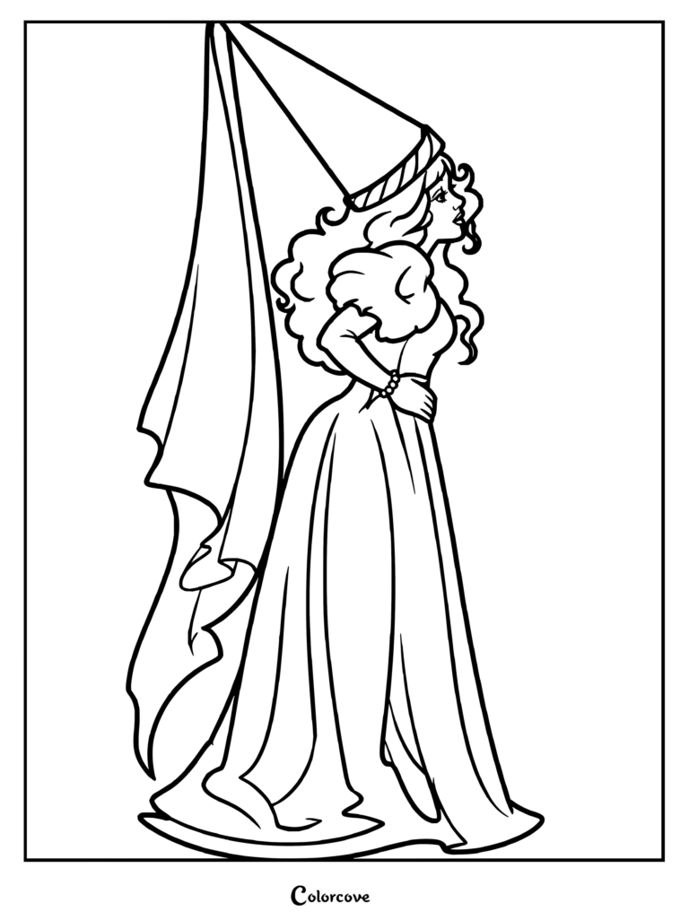Dibujo para colorear de Chappell Roan que muestra un fan art digital de la cantante con un vestido de princesa rosa de inspiración medieval y sombrero hennin cónico.
