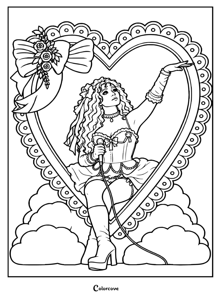 Dibujo para colorear de Chappell Roan que muestra a la cantante actuando dentro de un gran corazón de utilería con un atuendo de corsé estilo María Antonieta y nubes debajo.