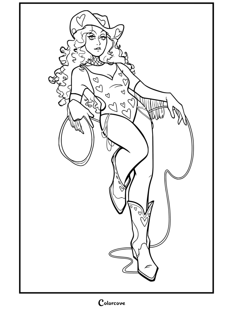 Dibujo para colorear imprimible y gratuito de Chappell Roan con una ilustración hecha por fans de la cantante pop, inspirada en su estética de Pink Pony Club, con sombrero de vaquera y lazo.