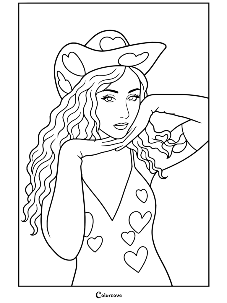 Dibujo para colorear imprimible de Chappell Roan que muestra a la cantante pop estadounidense luciendo su atuendo de vaquera con temática de corazones y largo cabello rizado.