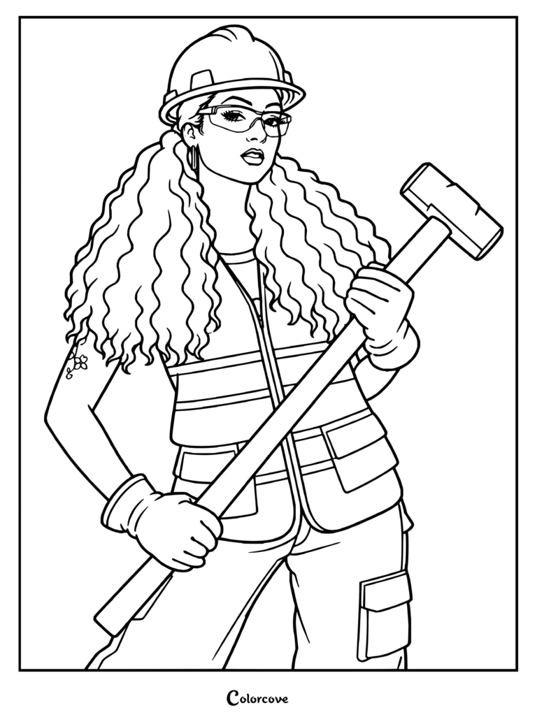 Dibujo para colorear de Chappell Roan que muestra a la cantante en una sesión fotográfica promocional con temática de obrera de construcción para su sencillo The Giver, sosteniendo un mazo.