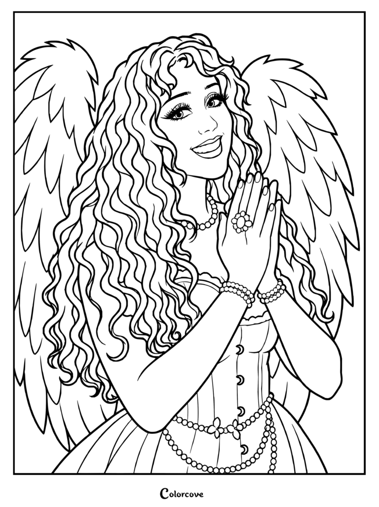 Dibujo para colorear de Chappell Roan que muestra a la cantante pop estadounidense Chappell Roan posando con un vestido corsé blanco y grandes alas de ángel blancas.