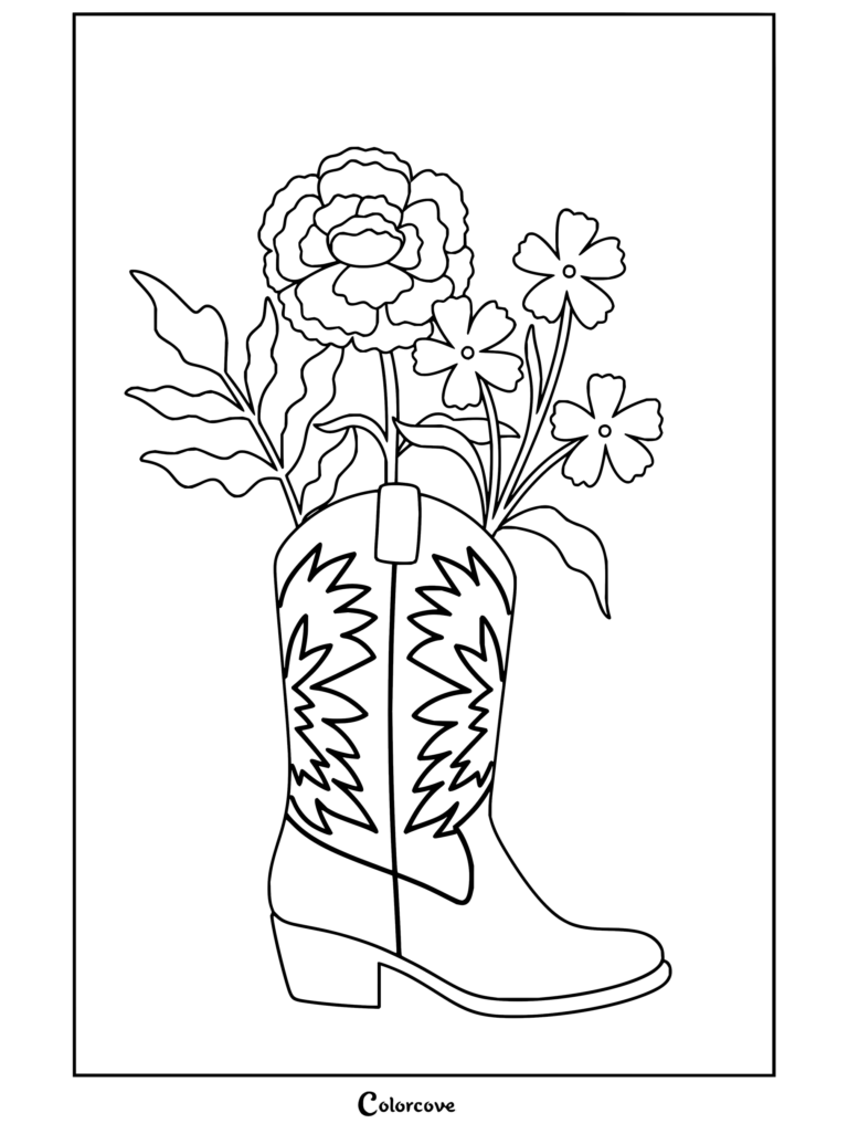 Dibujo para colorear de Chappell Roan con una bota vaquera decorativa llena de flores y hojas.