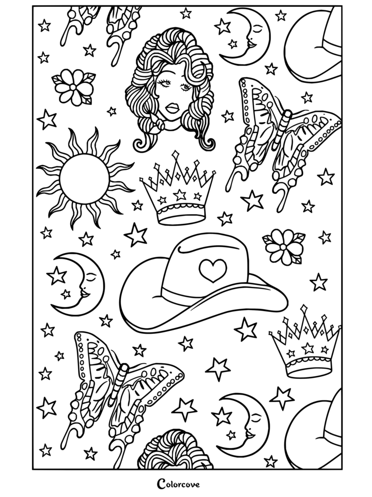 Dibujo para colorear imprimible de Chappell Roan con un collage de sombreros de vaquero, mariposas, coronas, lunas crecientes y estrellas.