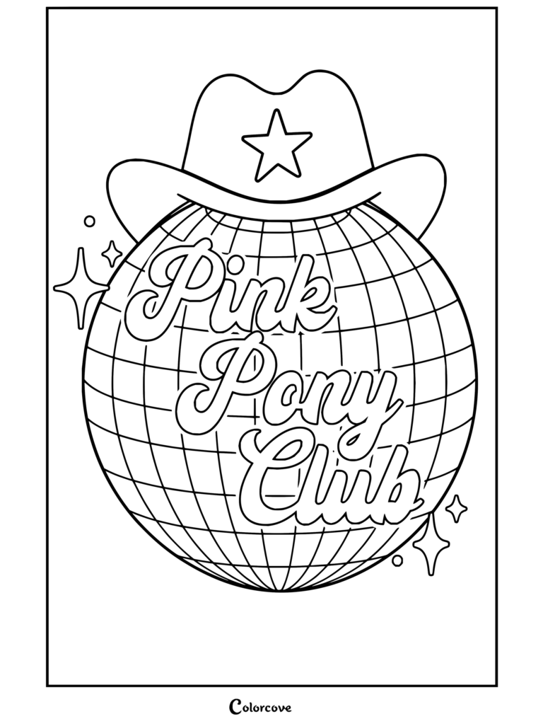 Dibujo para colorear de Chappell Roan y Pink Pony Club con una bola de discoteca que lleva un sombrero de vaquero con estrellas.
