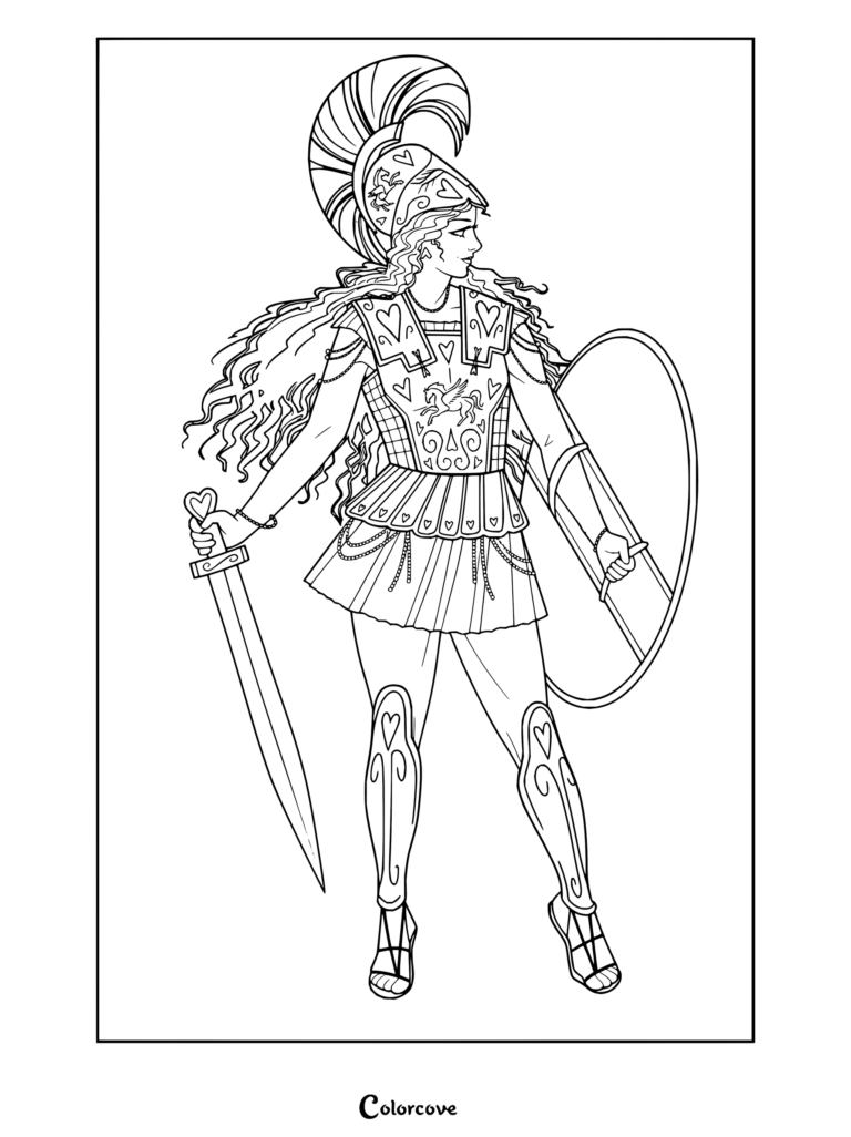 Un detallado dibujo para colorear de Chappell Roan representada como una antigua guerrera con armadura ornamentada, empuñando espada y escudo.