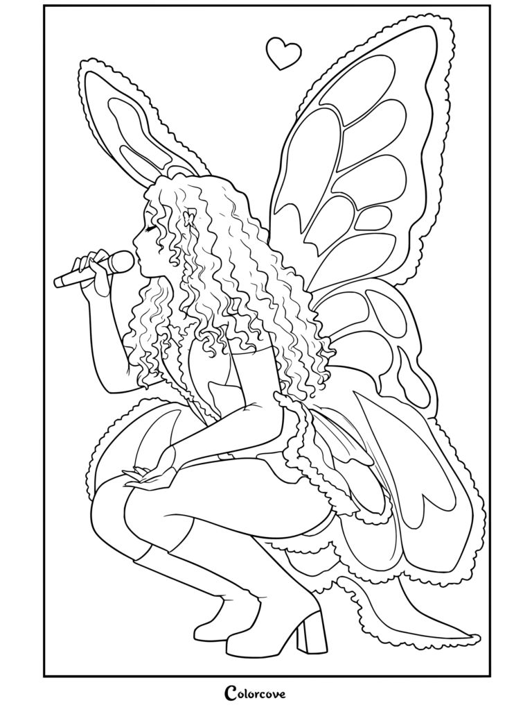 Dibujo para colorear de Chappell Roan con la cantante luciendo un disfraz de hada mariposa, sosteniendo un micrófono y agachada.
