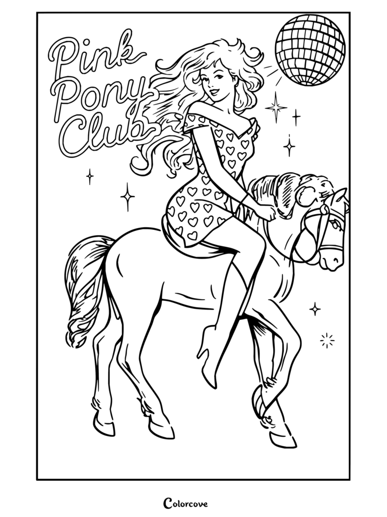 Dibujo para colorear de Chappell Roan y Pink Pony Club con una vaquera montando a caballo bajo una bola de discoteca.