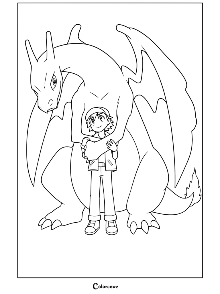 Dibujo para colorear de Ash Ketchum siendo abrazado por su Charizard.