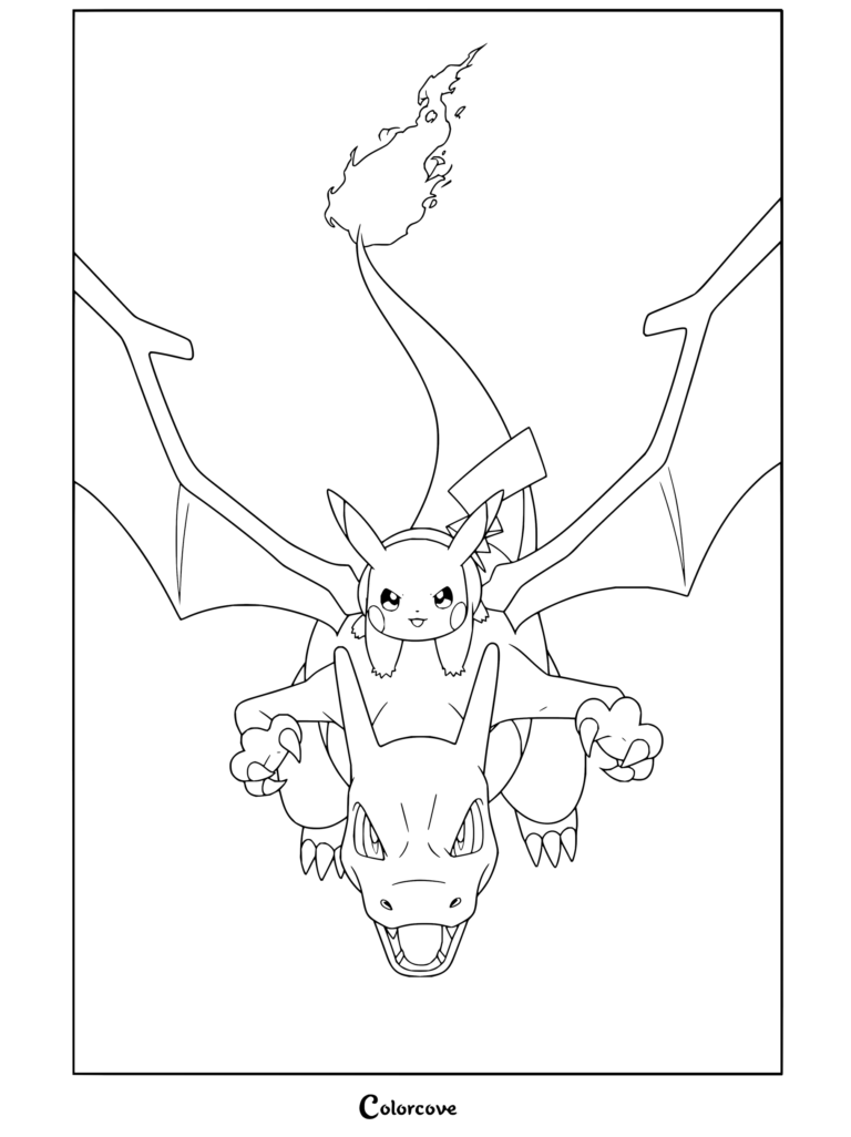 Dibujo para colorear e imprimir de Charizard volando por el aire con Pikachu montado seguro sobre su lomo.