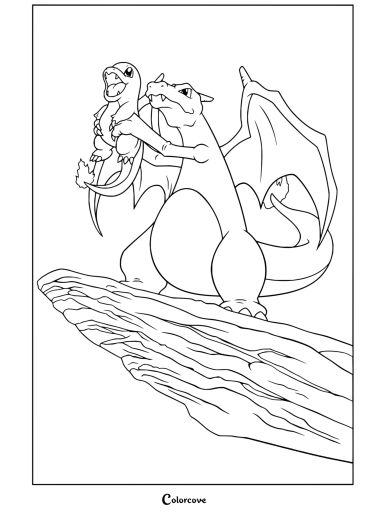 Dibujo para colorear para niños y fans de Charizard sosteniendo a Charmander sobre una roca al estilo de El Rey León.