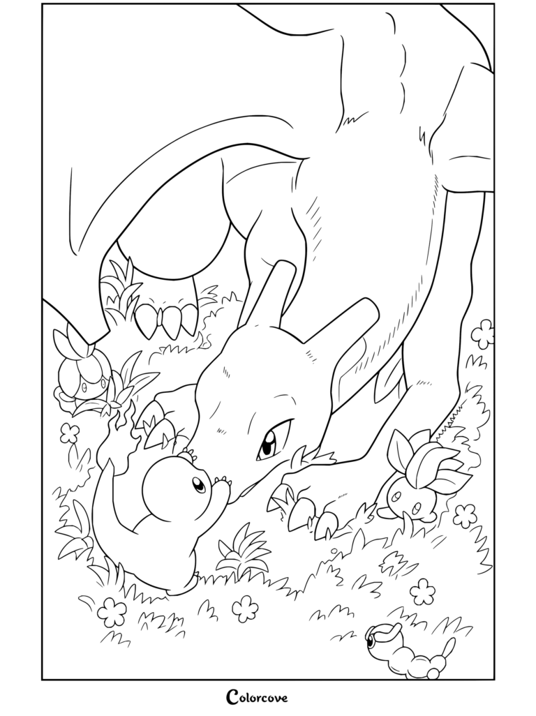 Dibujo para colorear de Charizard mirando con cariño a Charmander en una pradera junto a Oddish.
