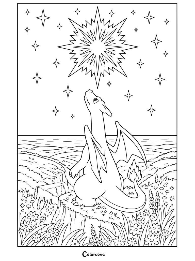 Dibujo para colorear de Charizard contemplando una brillante estrella gigante en el cielo nocturno sobre una pradera.