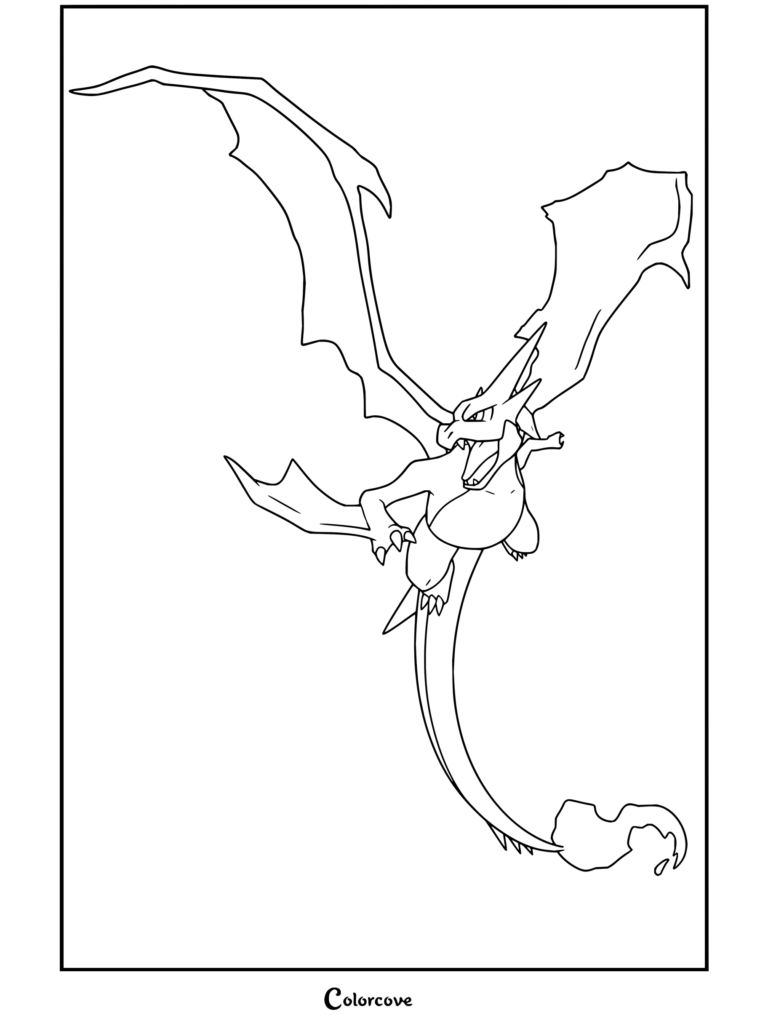 Dibujo para colorear de Charizard en su forma Mega-Charizard Y volando y rugiendo en el aire con su cola en llamas.