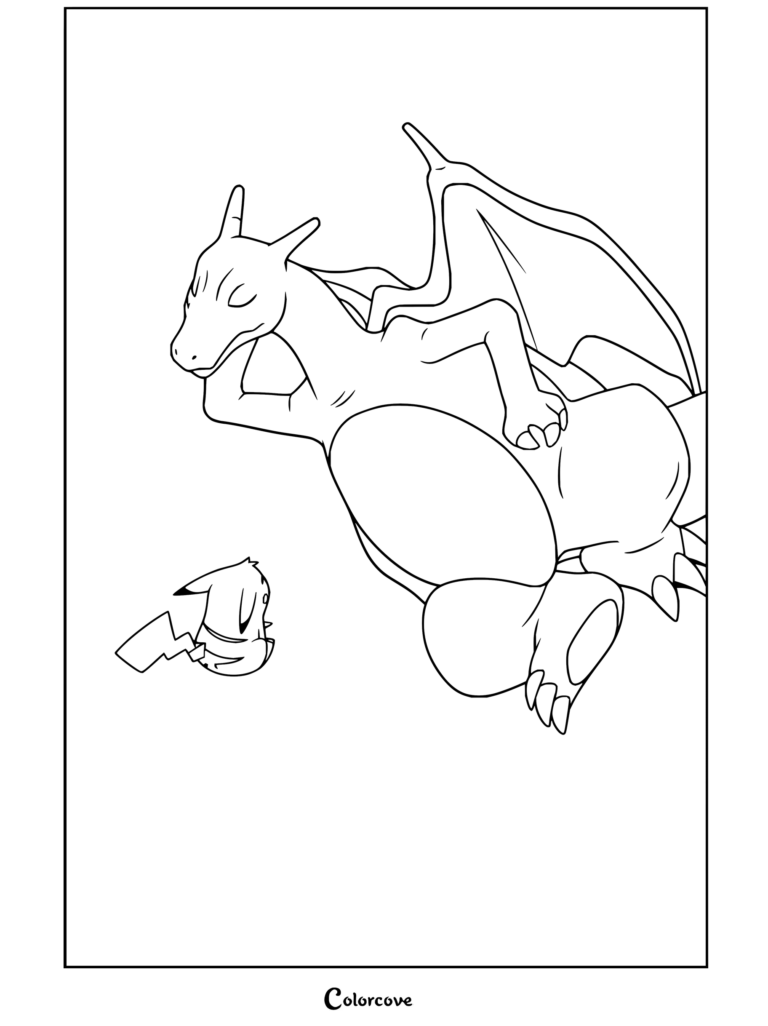 Dibujo gratuito para colorear e imprimir de Charizard recostado y relajándose mientras Pikachu se acerca.
