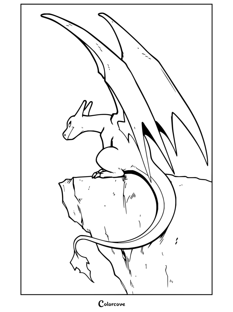 Dibujo gratuito para colorear e imprimir de Charizard sentado al borde de un acantilado al atardecer para niños y fans.