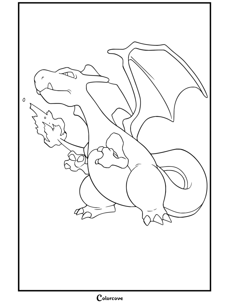Dibujo para colorear de Charizard de pie exhalando fuego con detalles de estilo clásico de acuarela.