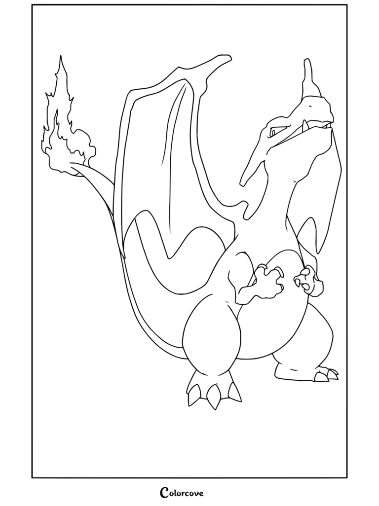 Dibujo para colorear de Charizard de pie con orgullo luciendo su cola en llamas y alas azules.