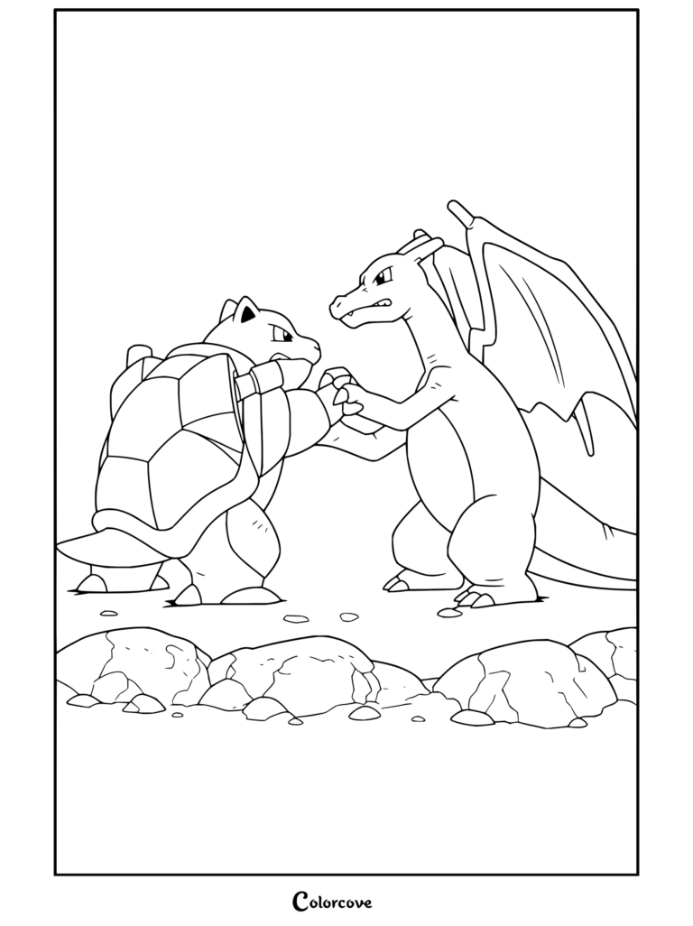 Dibujo para colorear e imprimir de Blastoise y Charizard chocando sus manos en una arena de combate Pokémon.