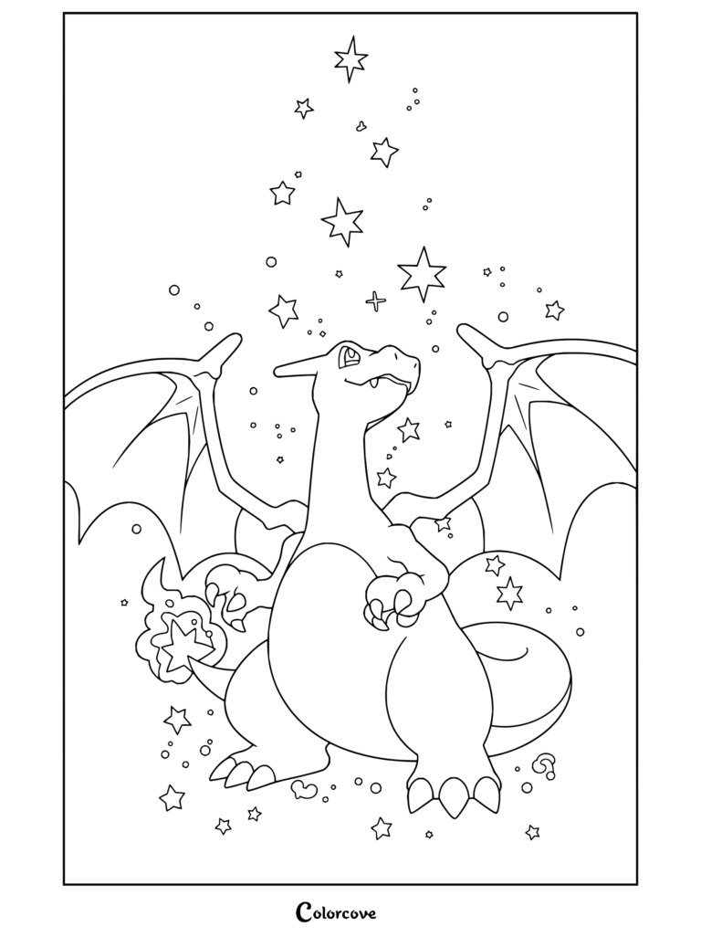 Dibujo para colorear de Charizard contemplando las estrellas bajo un cielo nocturno con nubes.