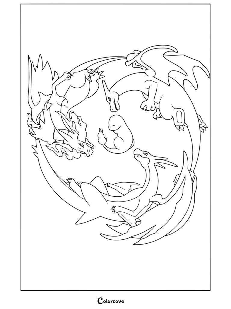 Dibujo para colorear e imprimir en estilo de silueta con Charmander y varios Charizard formando un círculo en el cielo.