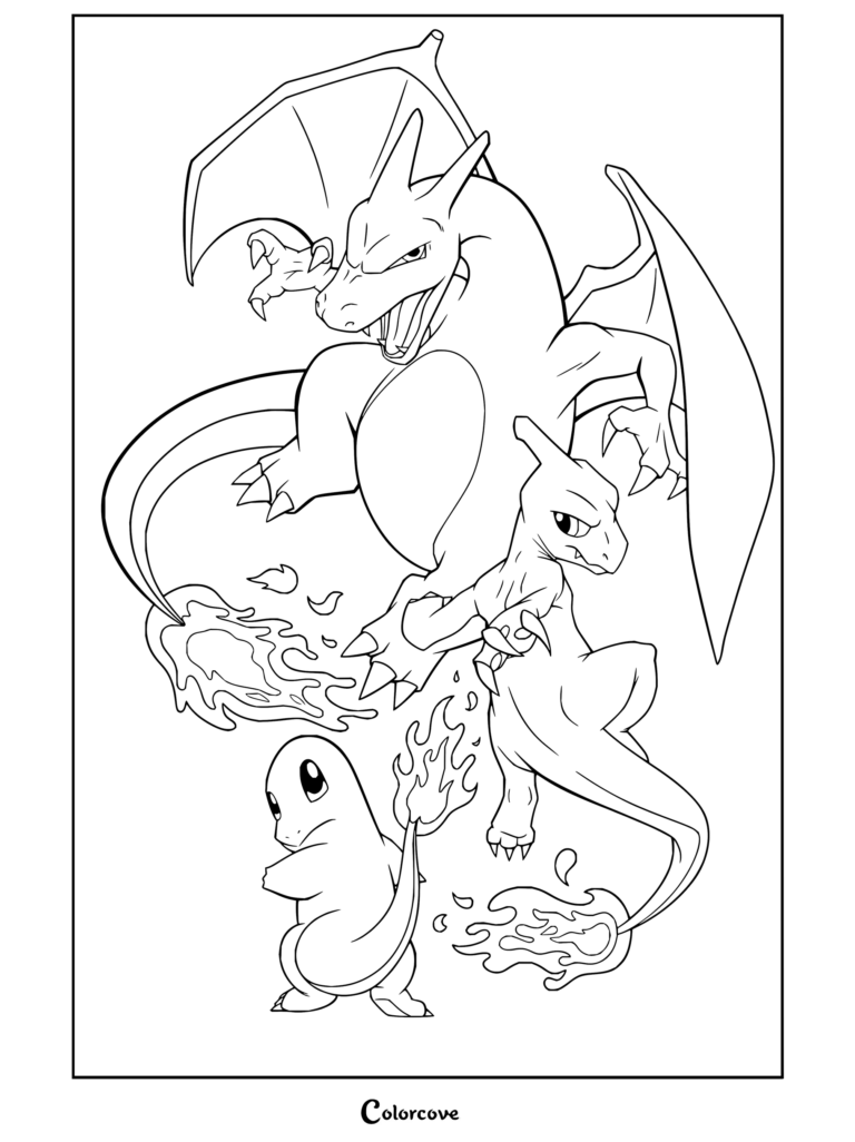 Dibujo para colorear de la línea evolutiva de Charmander, Charmeleon y Charizard con llamas, mostrando las tres etapas.