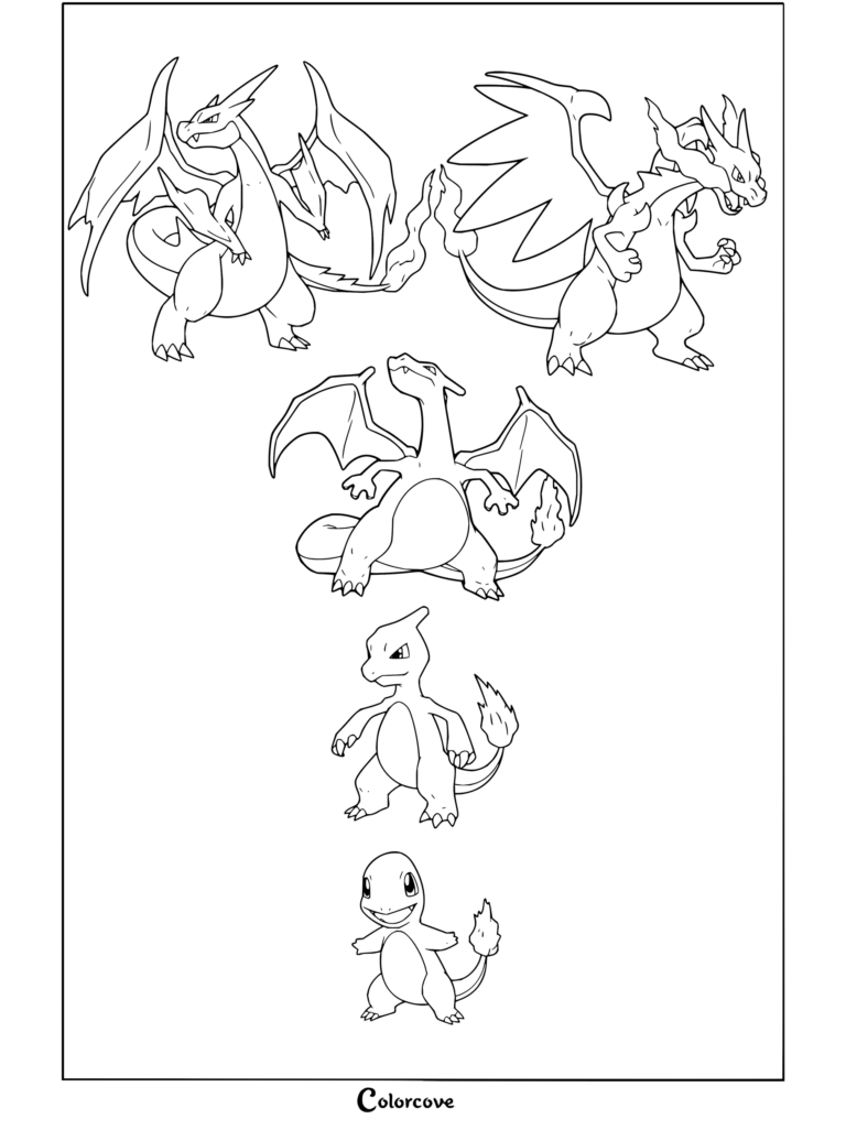 Dibujo para colorear de Charizard con la línea evolutiva completa: Charmander, Charmeleon, Charizard y las formas Mega-Charizard X y Mega-Charizard Y.