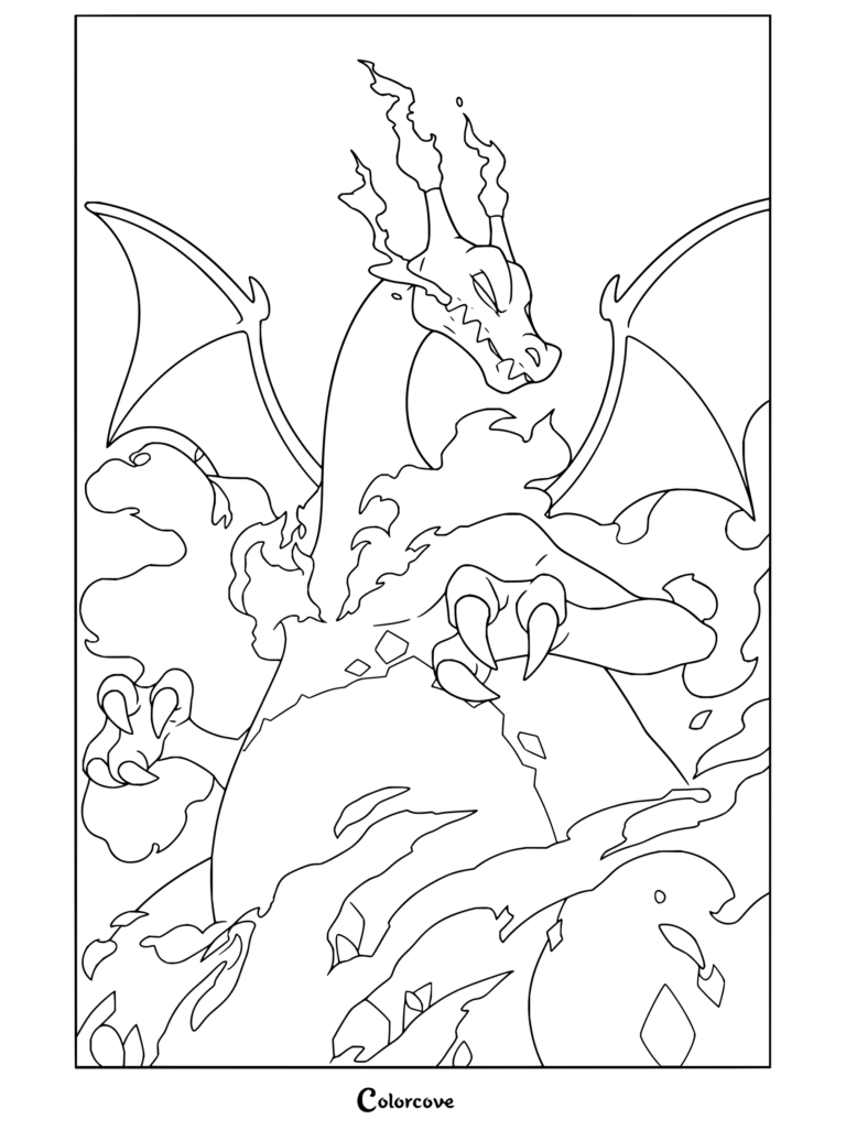 Dibujo para colorear de Charizard Gigamax rugiendo entre las llamas.