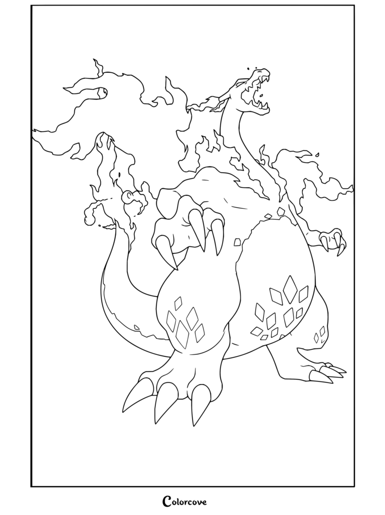 Dibujo para colorear de Charizard Gigamax Variocolor rugiendo entre nubes y llamas Gigamax con trazos detallados del poderoso Pokémon.