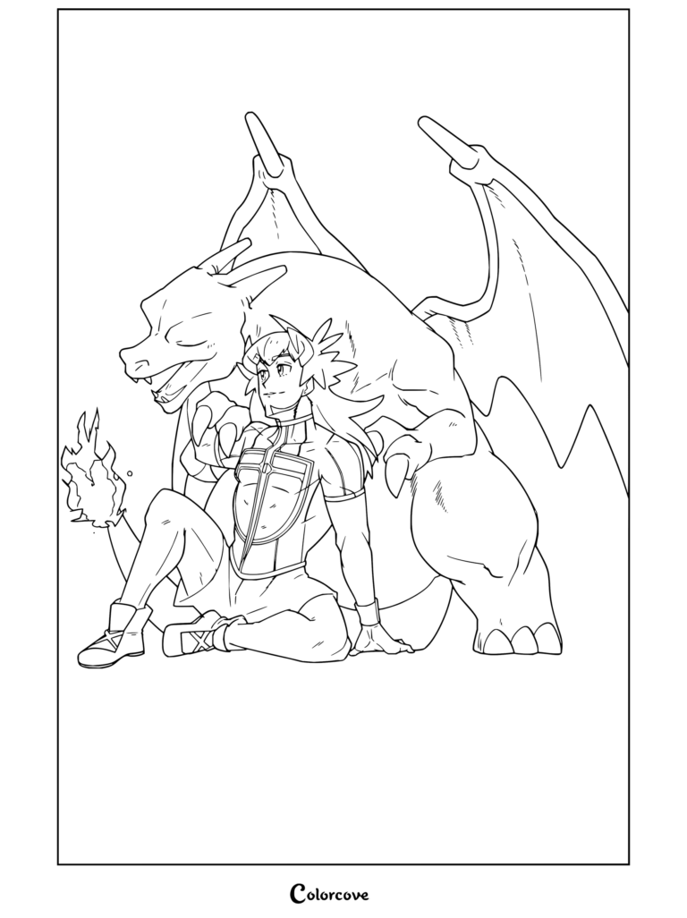 Dibujo para colorear e imprimir de Lionel sentado y relajándose con su compañero Charizard.