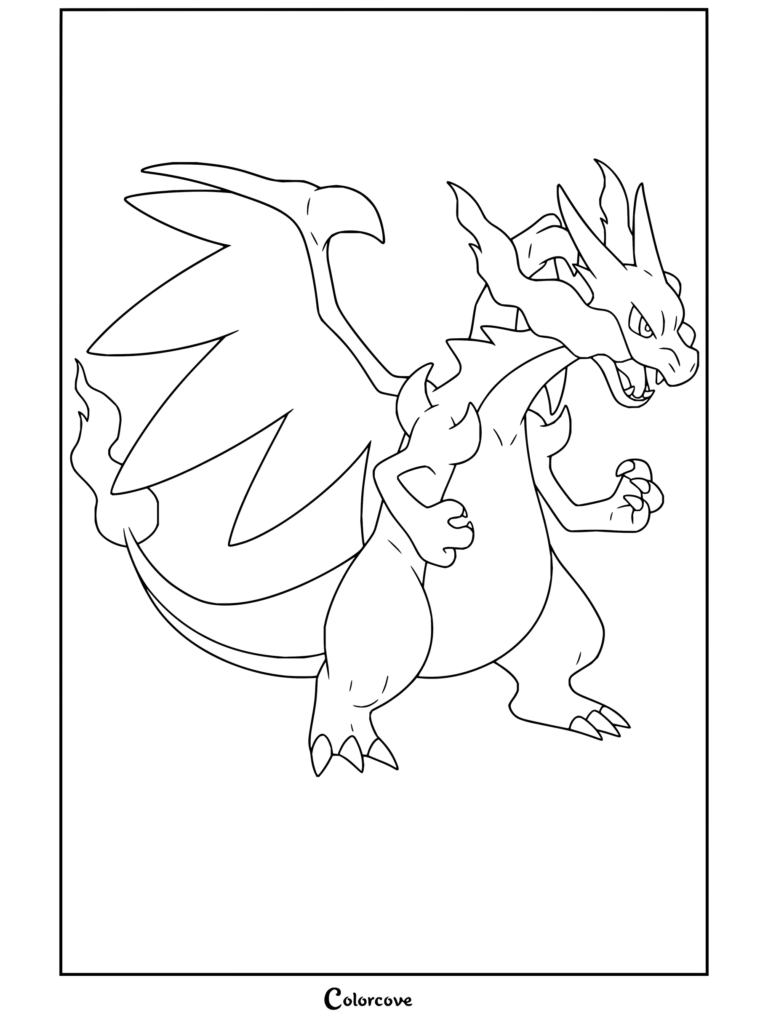 Dibujo gratuito para colorear e imprimir de Mega-Charizard X exhalando fuego azul en una intensa pose de acción.