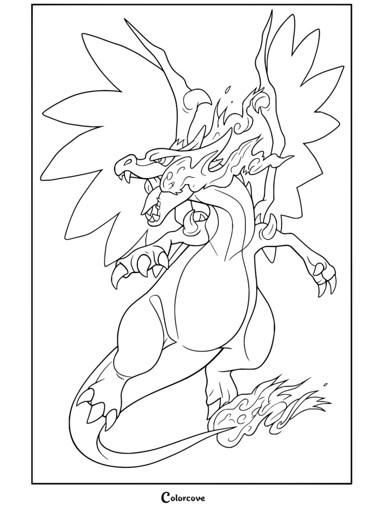 Dibujo gratuito para colorear e imprimir de Mega-Charizard X lanzando llamas azules en una dinámica pose de vuelo.