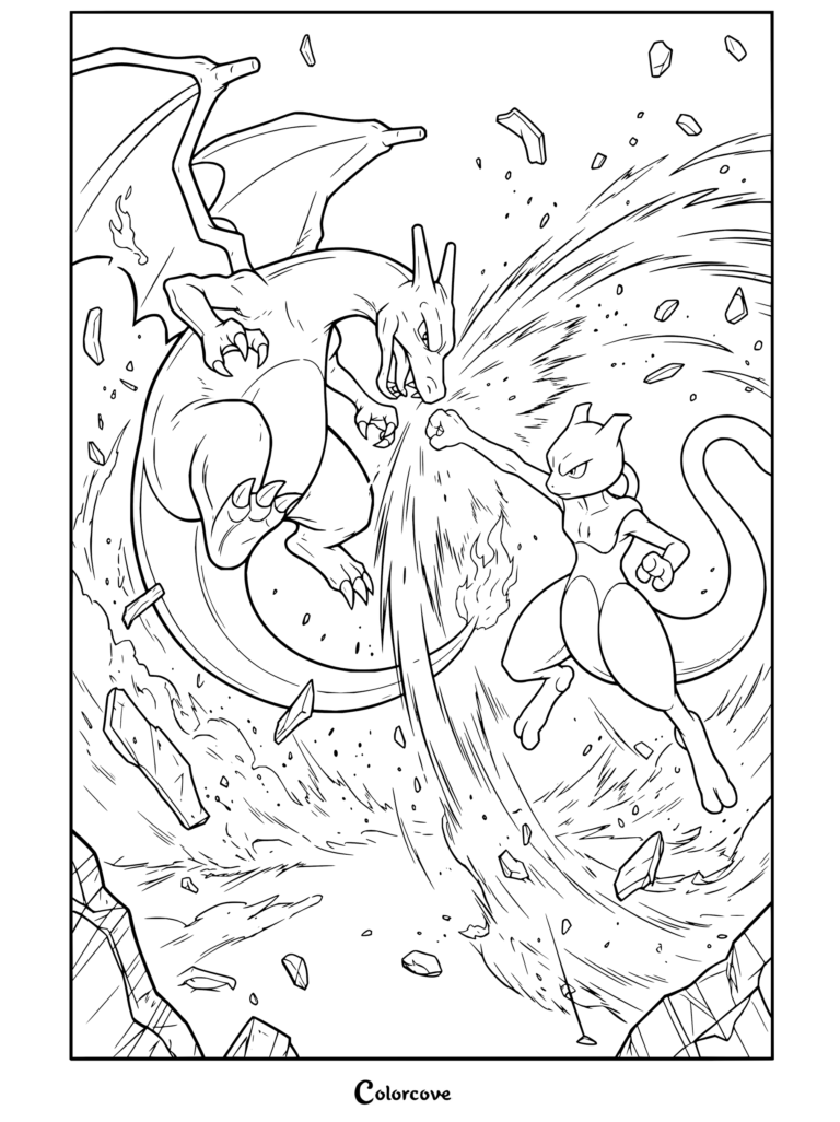 Dibujo para colorear de Charizard luchando contra Mewtwo con aliento ígneo y poder psíquico, con acción dinámica y escombros.