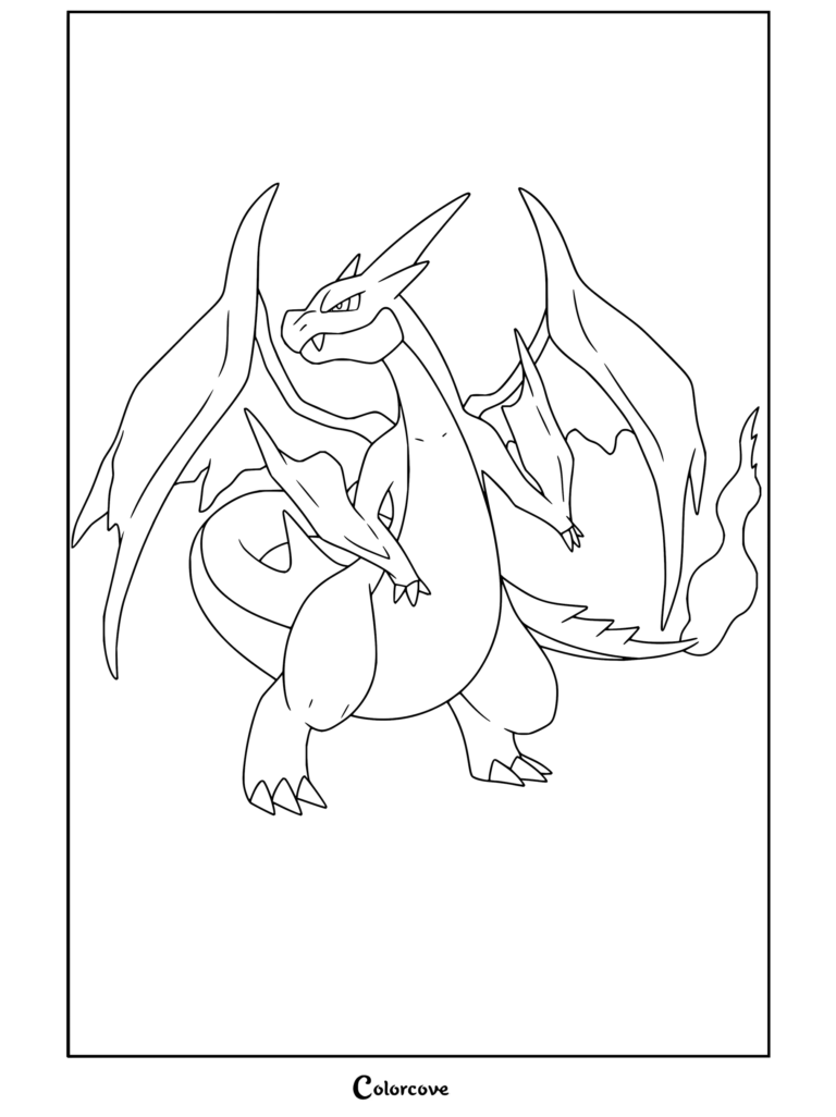 Dibujo gratuito para colorear e imprimir de Mega-Charizard Y lanzando fuego con su cola ardiente de Pokémon.