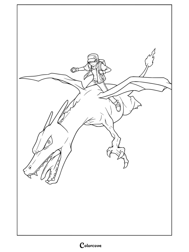 Dibujo para colorear para fans del Entrenador Pokémon Rojo montando a un Charizard volador.