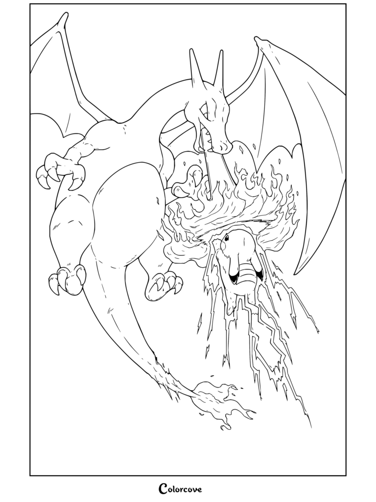 Dibujo para colorear de Charizard lanzando fuego a Pikachu en una intensa escena de batalla Pokémon.