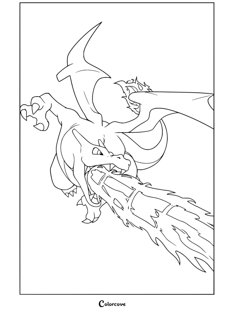 Dibujo para colorear de Charizard exhalando fuego en un poderoso ataque Lanzallamas.
