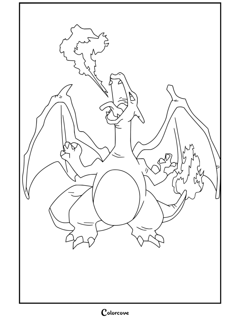 Dibujo para colorear de Charizard escupiendo fuego con la cola en llamas y las fauces abiertas.