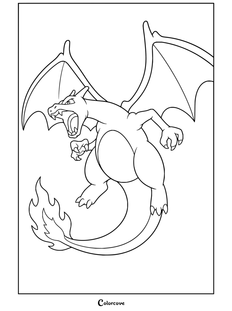 Dibujo para colorear e imprimir de Charizard ejecutando un potente ataque Lanzallamas y Llamarada en una pose imponente con las alas abiertas.