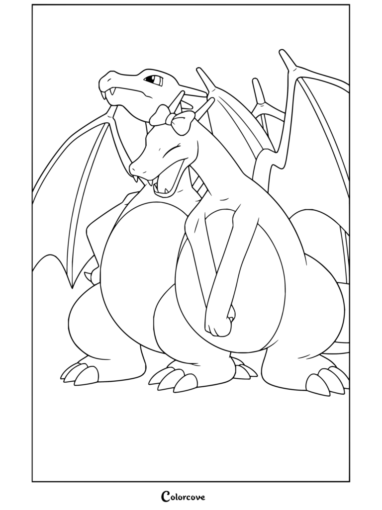 Dibujo para colorear e imprimir de una pareja de Charizard posando juntos con un lazo rosa.