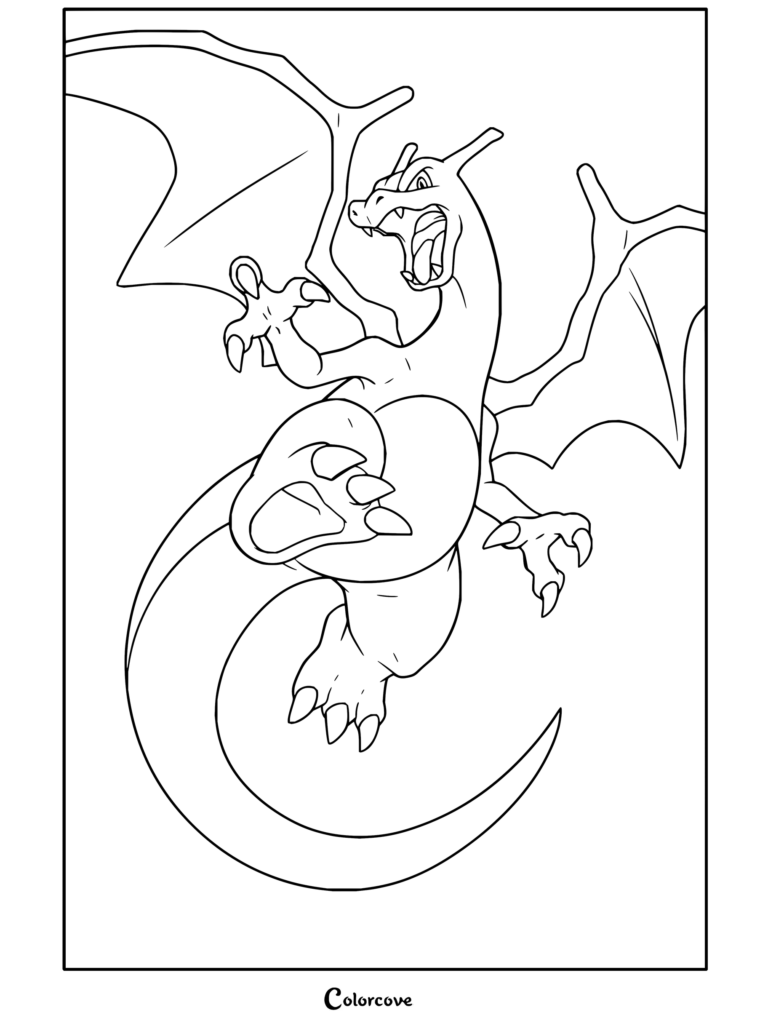 Dibujo para colorear de acción dinámica para niños y adultos de Charizard volando y rugiendo entre llamas y chispas.